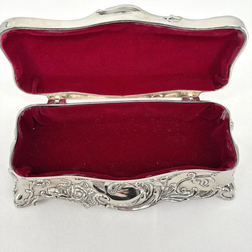 Godinger Silver Plated Floral Rose Jewelry Box Red Velvet Lining Footed Ornate